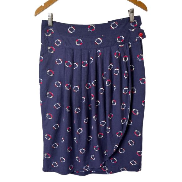 Tulle Women's Wrap Skirt Size L Navy Blue Maritime Print Patterned Knee Length - Picture 1 of 9